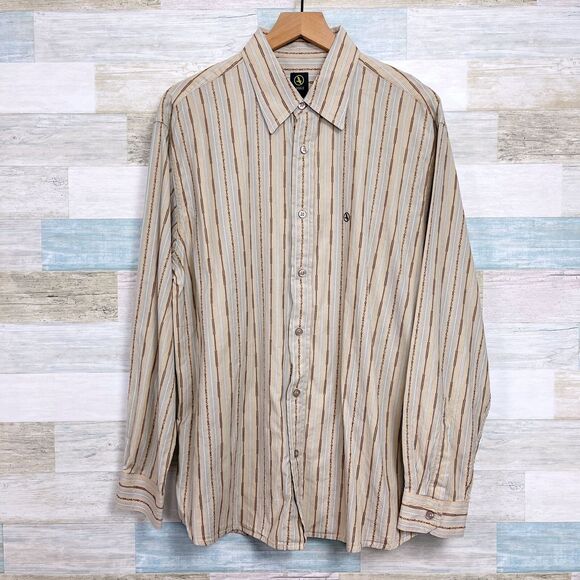 AIGLE Embroidered Striped Button Front Shirt Beige Brown Lightweight Mens Large - Picture 1 of 6